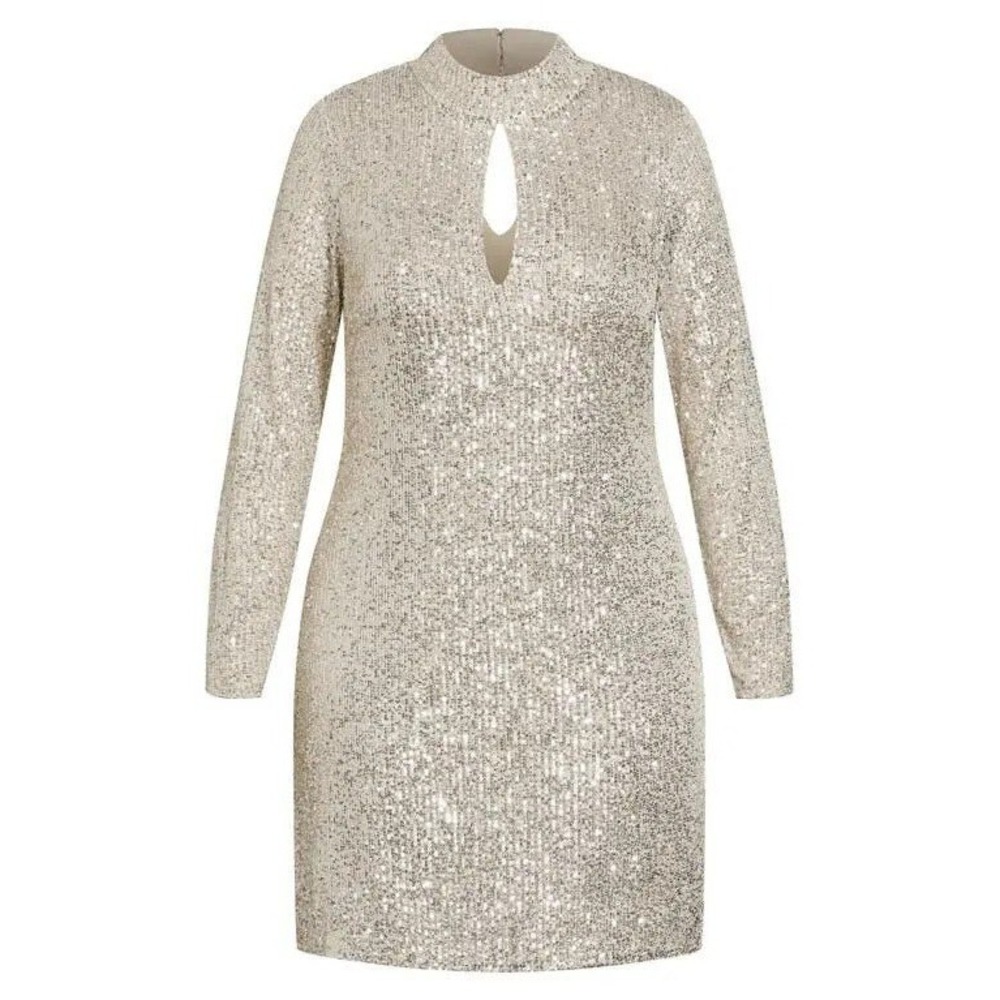 City Chic Dress Glowing Women 16 Nude Sequin Long Sleeve Keyhole Shift 00205842